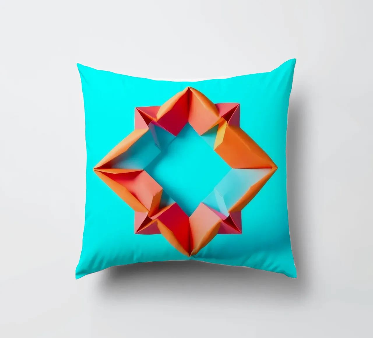 origami star shape displayed against a bright turquoise art decorative cushion by DesignDoodle