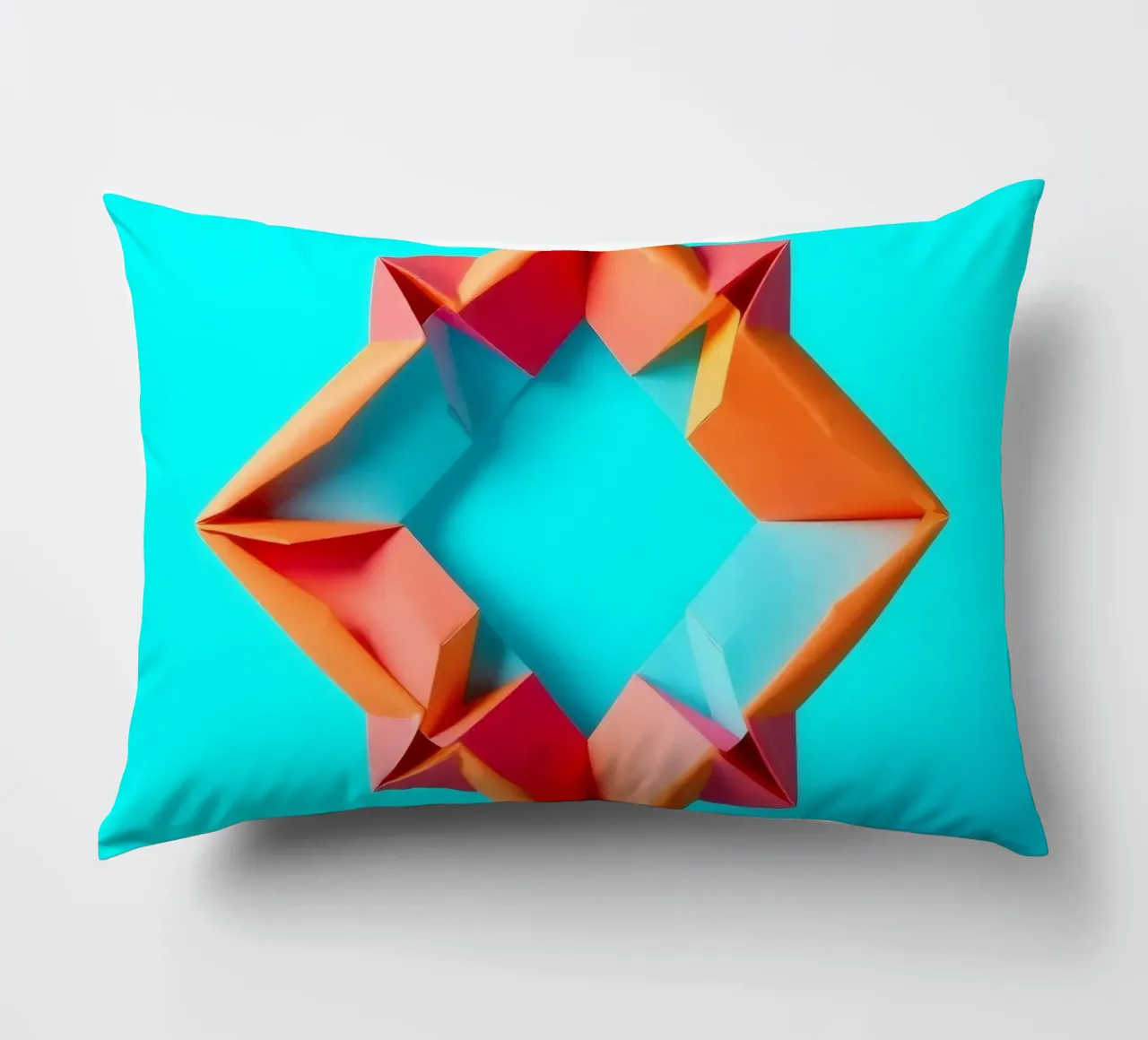 origami star shape displayed against a bright turquoise art decorative cushion by DesignDoodle