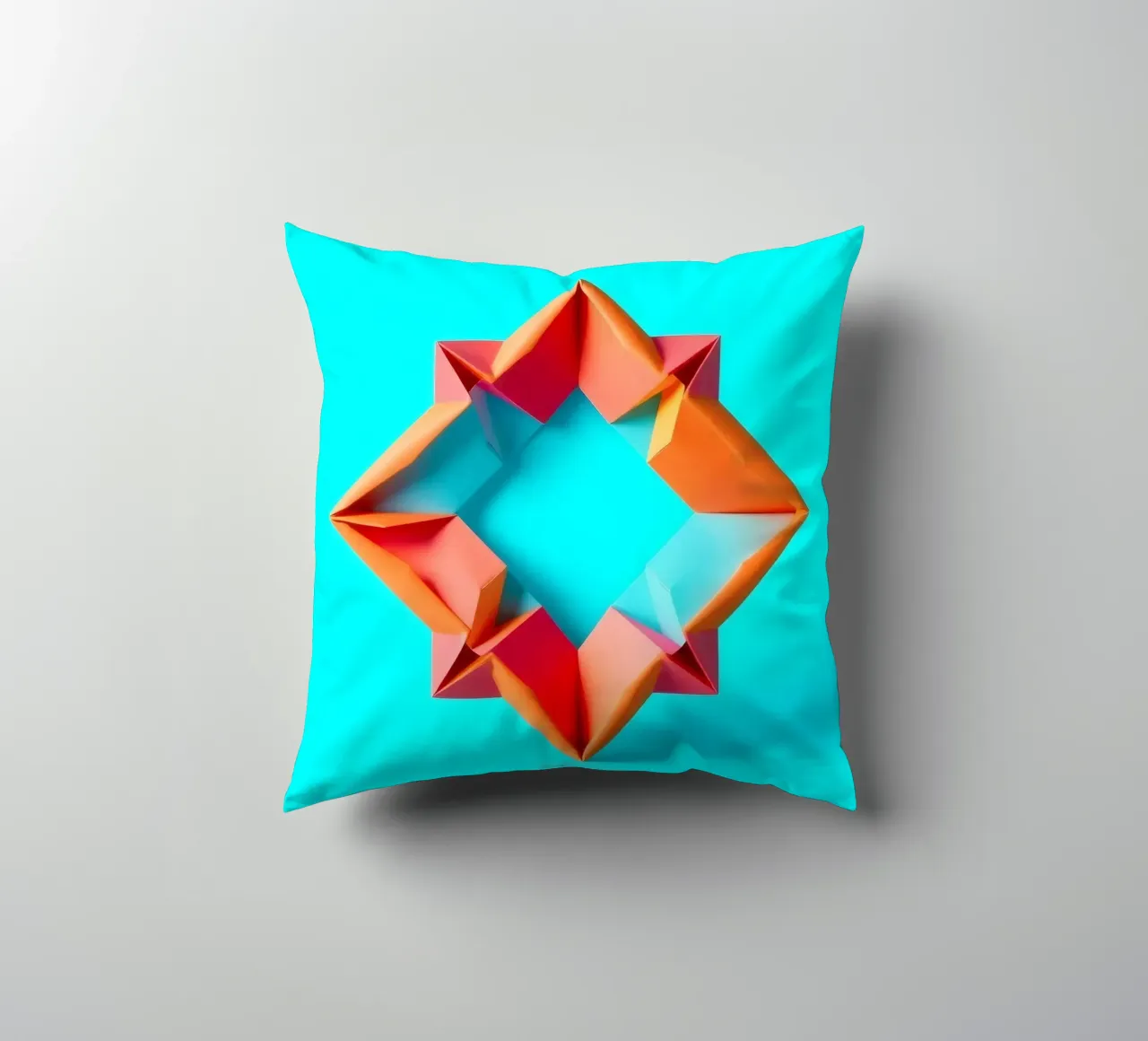 origami star shape displayed against a bright turquoise art decorative cushion by DesignDoodle
