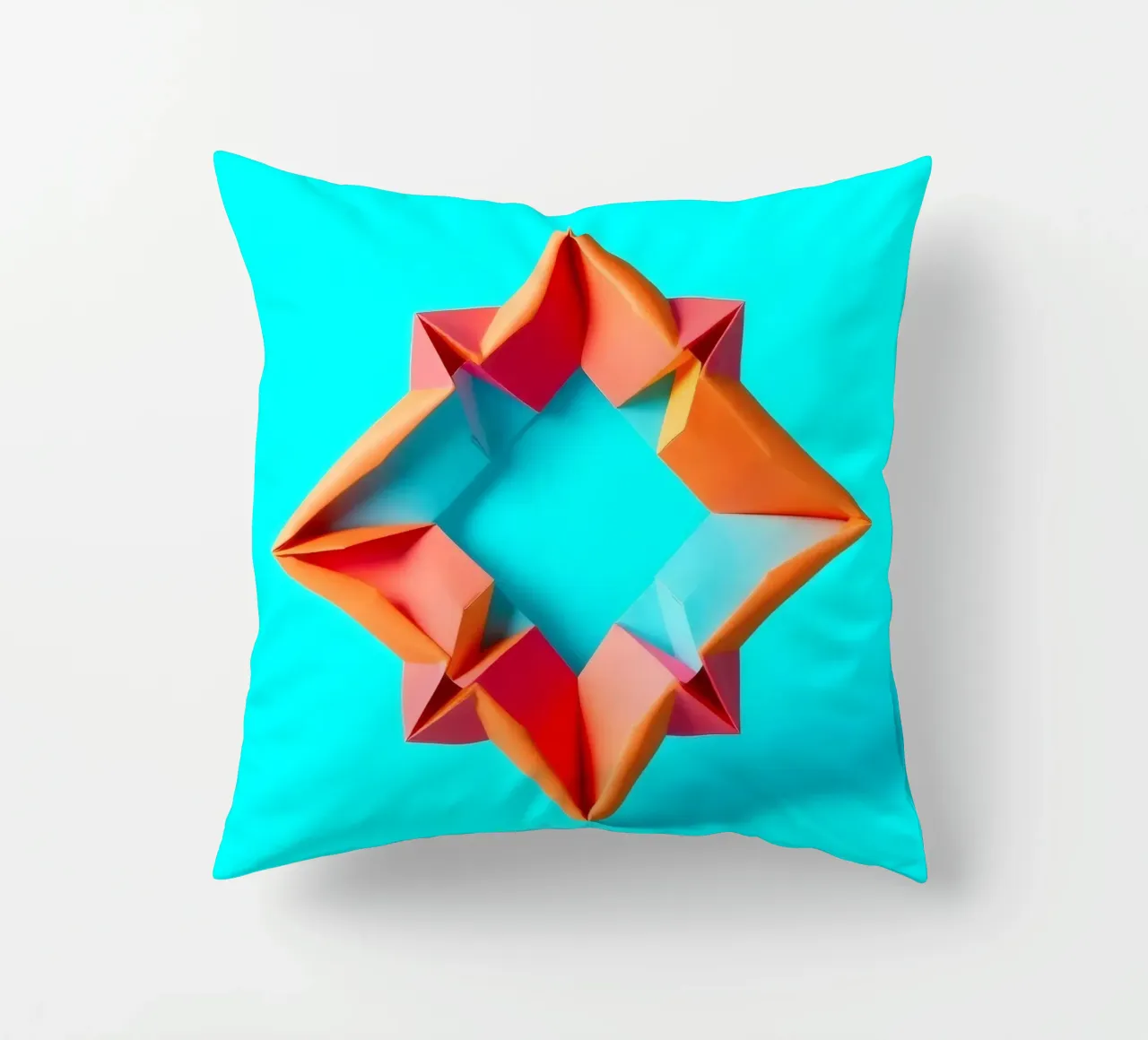 origami star shape displayed against a bright turquoise art decorative cushion by DesignDoodle