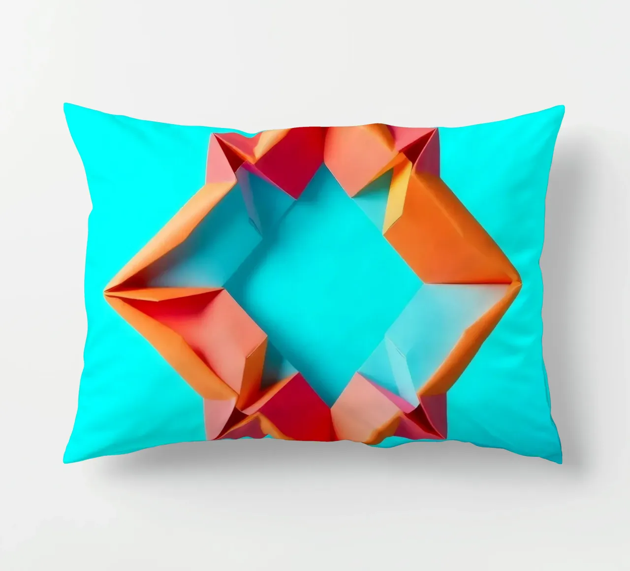 origami star shape displayed against a bright turquoise art decorative cushion by DesignDoodle