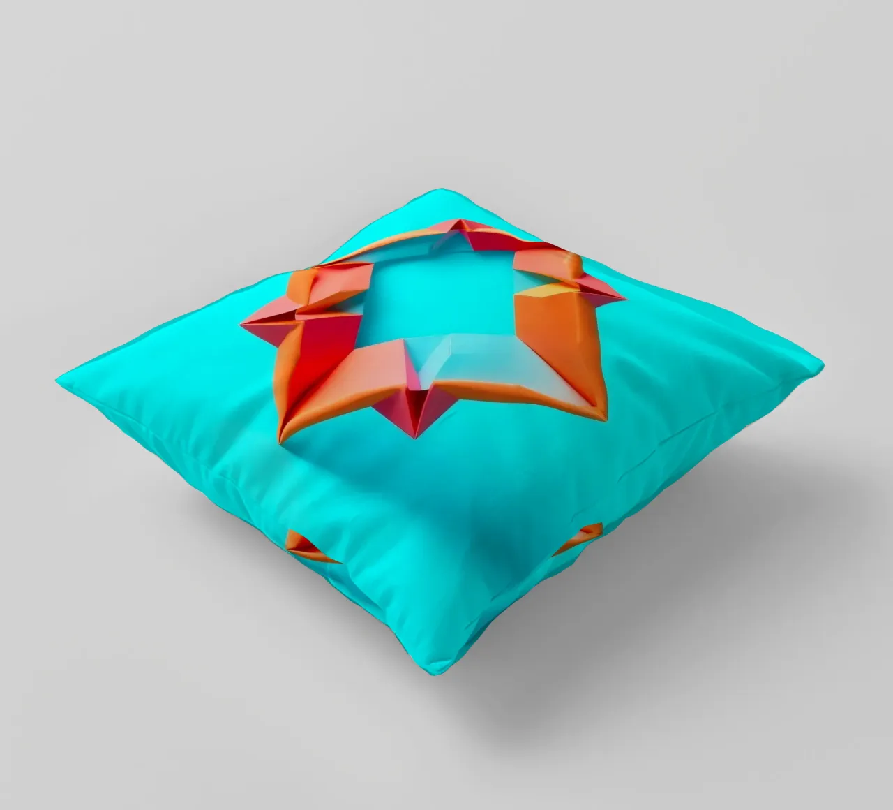 origami star shape displayed against a bright turquoise art decorative cushion by DesignDoodle