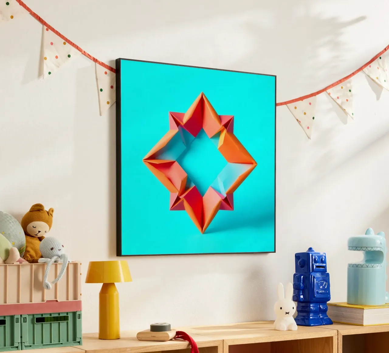 origami star shape displayed against a bright turquoise art alu-dibond by DesignDoodle