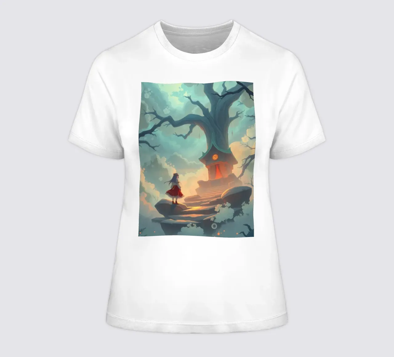Un camino encantado conduce a una casa en un árbol bajo un cielo resplandeciente camiseta de mujer de DesignDoodle