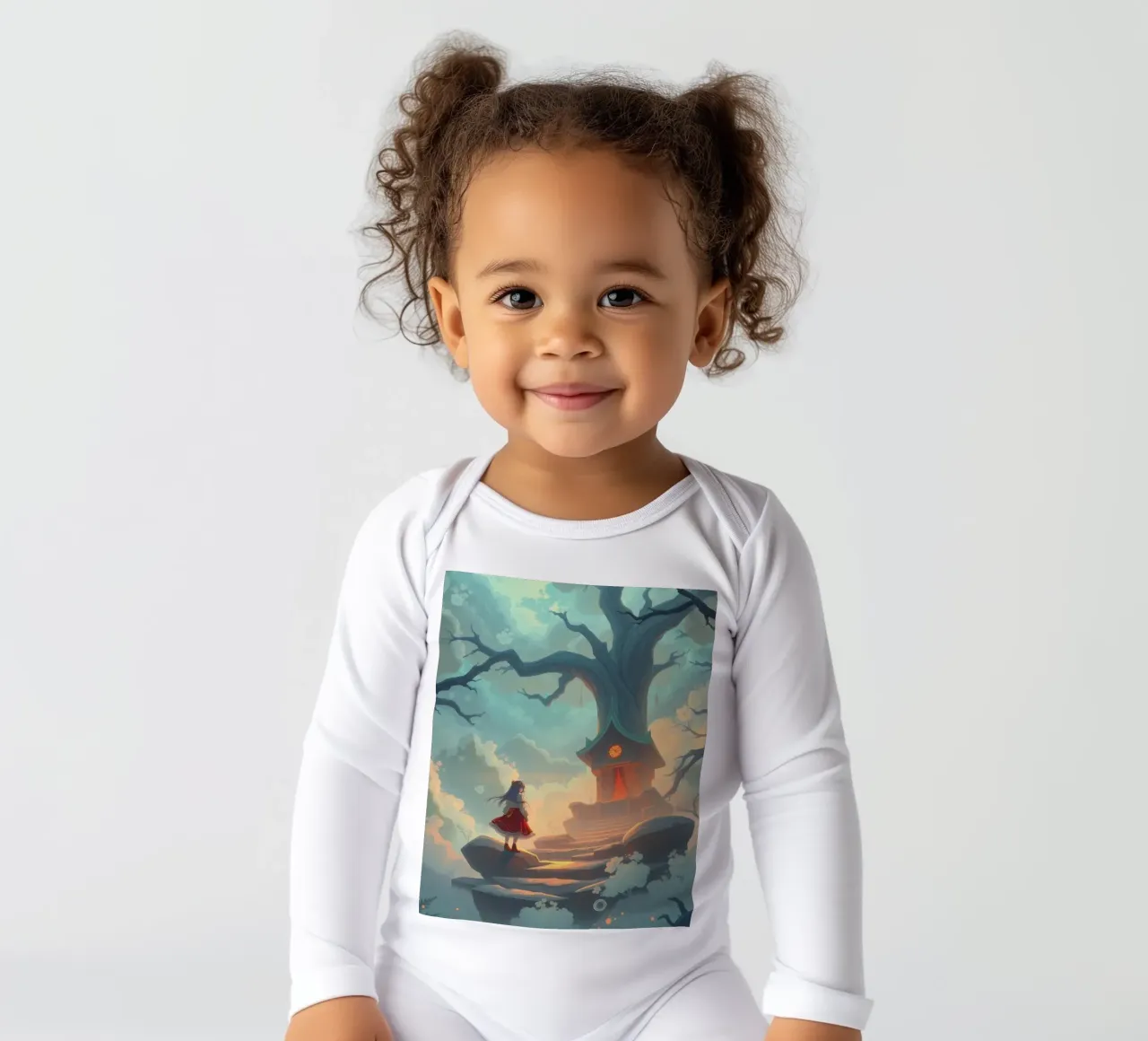 Enchanted path leads to a tree house under a glowing sky long-sleeve baby romper by DesignDoodle