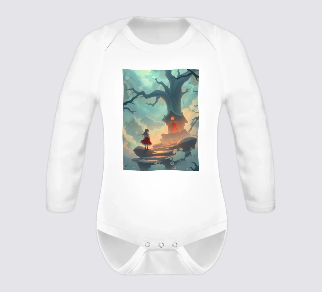 Enchanted path leads to a tree house under a glowing sky long-sleeve baby romper by DesignDoodle