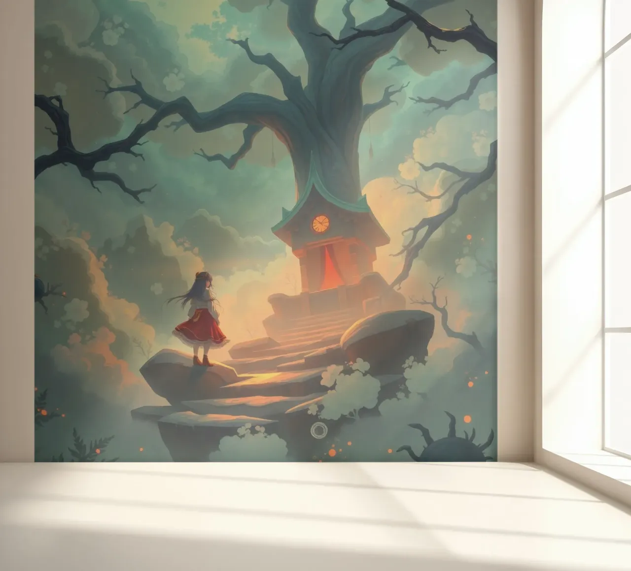 Un camino encantado conduce a una casa en un árbol bajo un cielo resplandeciente papel para pared de DesignDoodle