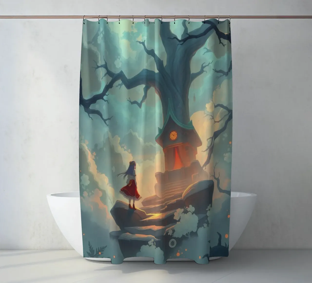 Un camino encantado conduce a una casa en un árbol bajo un cielo resplandeciente cortina de baño de DesignDoodle