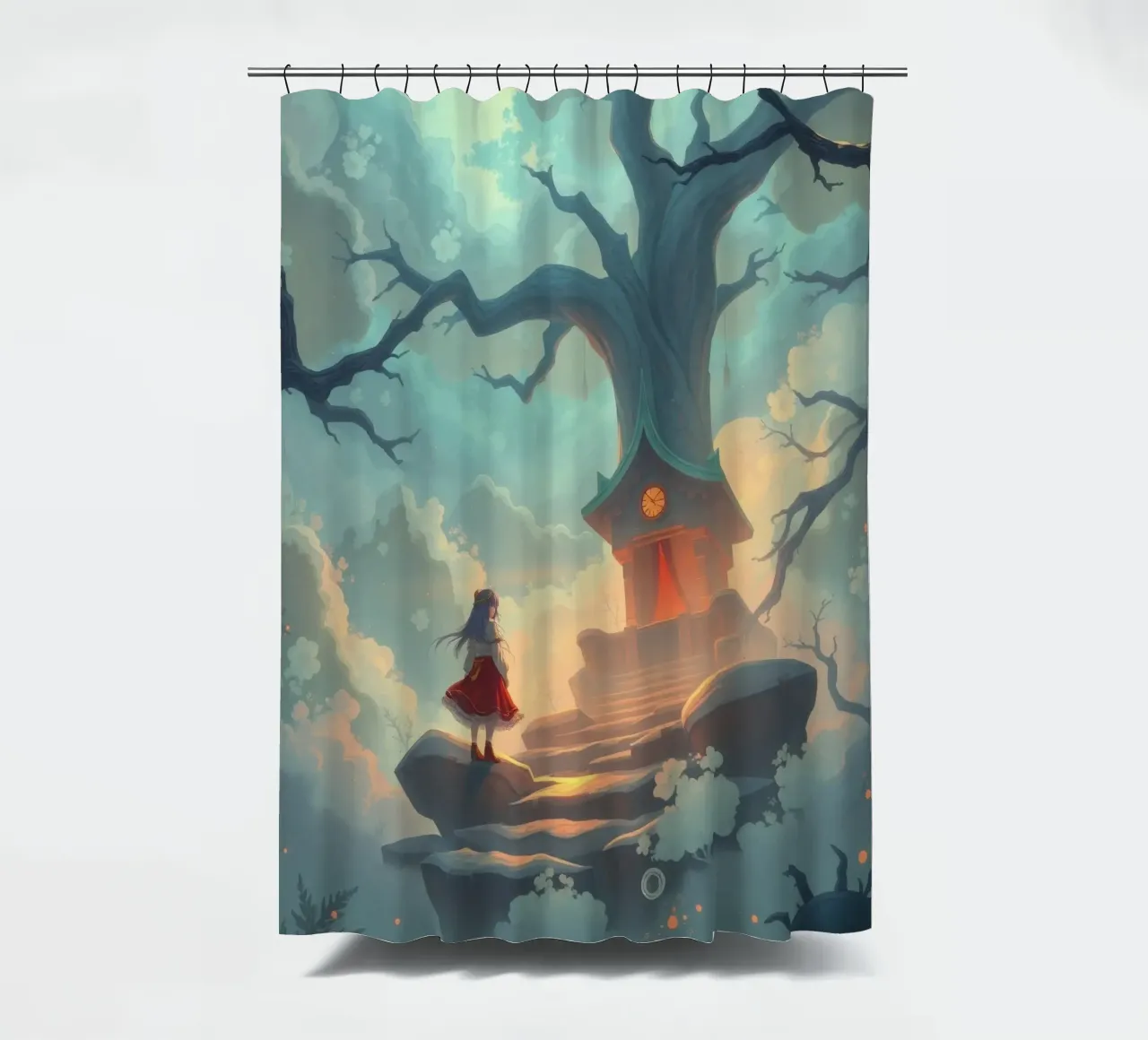 Un camino encantado conduce a una casa en un árbol bajo un cielo resplandeciente cortina de baño de DesignDoodle