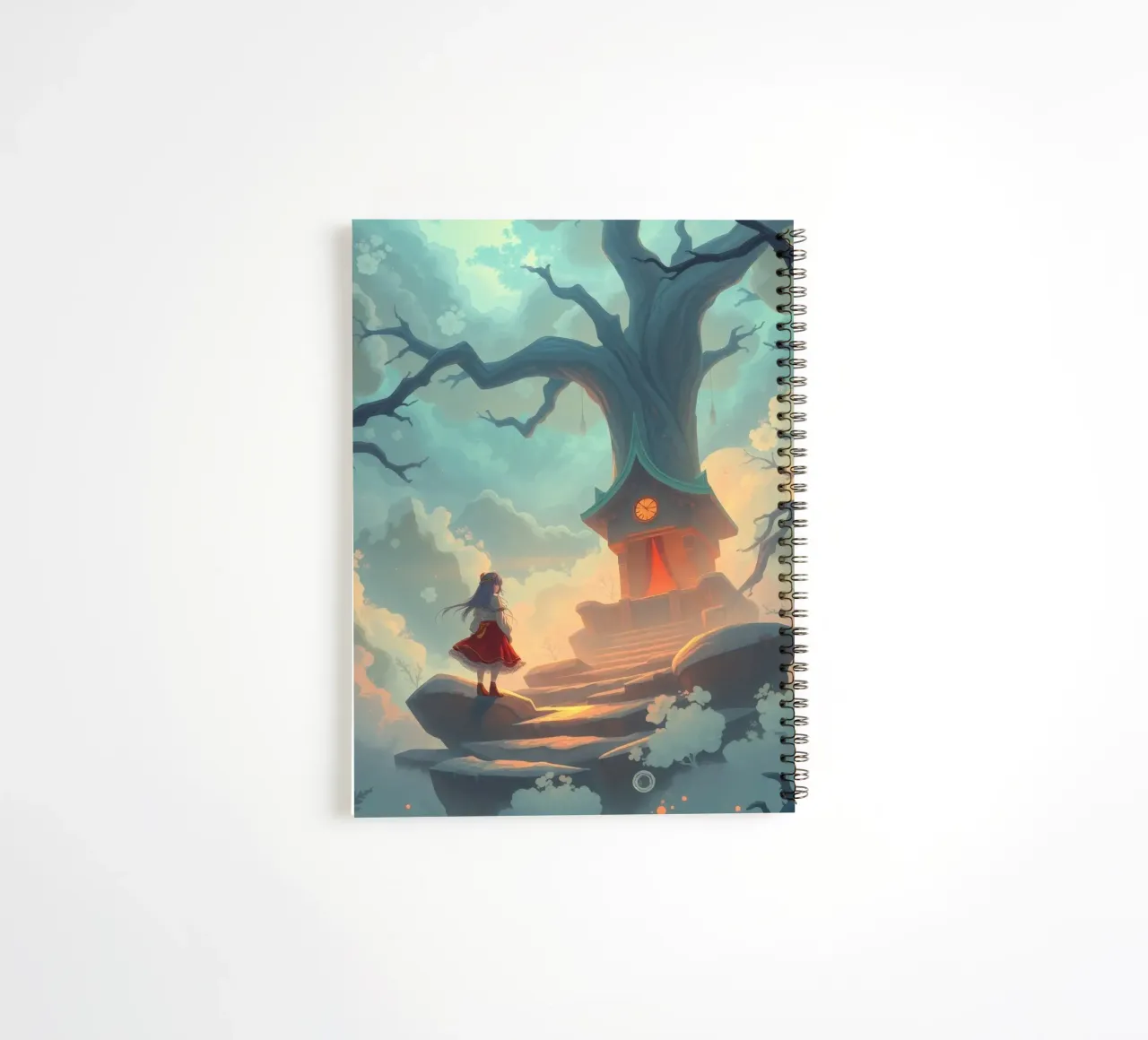 Enchanted path leads to a tree house under a glowing sky spiral notebook by DesignDoodle