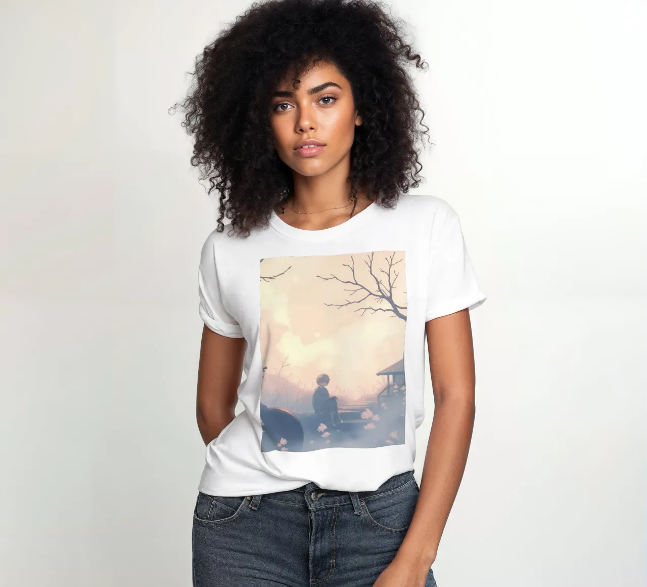 Garçon assis sur une marche en pierre entouré de cerisiers en fleurs t-shirt ajusté pour femmes de DesignDoodle