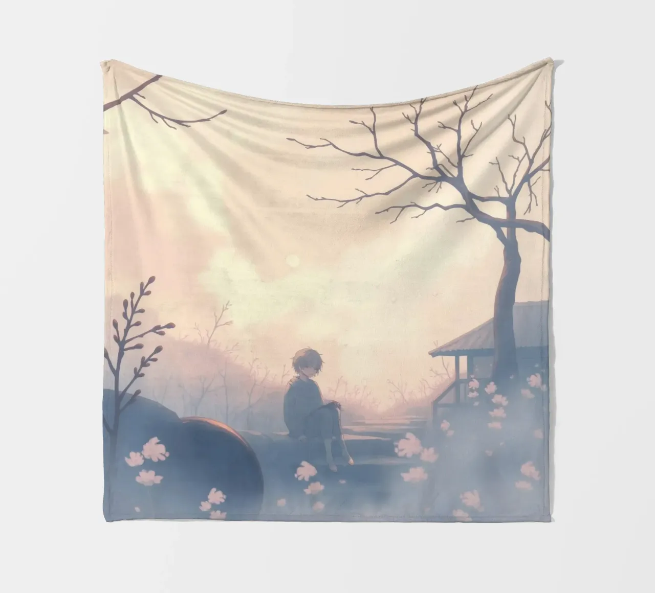 Junge sitzt auf einer Steinstufe, umgeben von Kirschblüten Fleecedecke von DesignDoodle