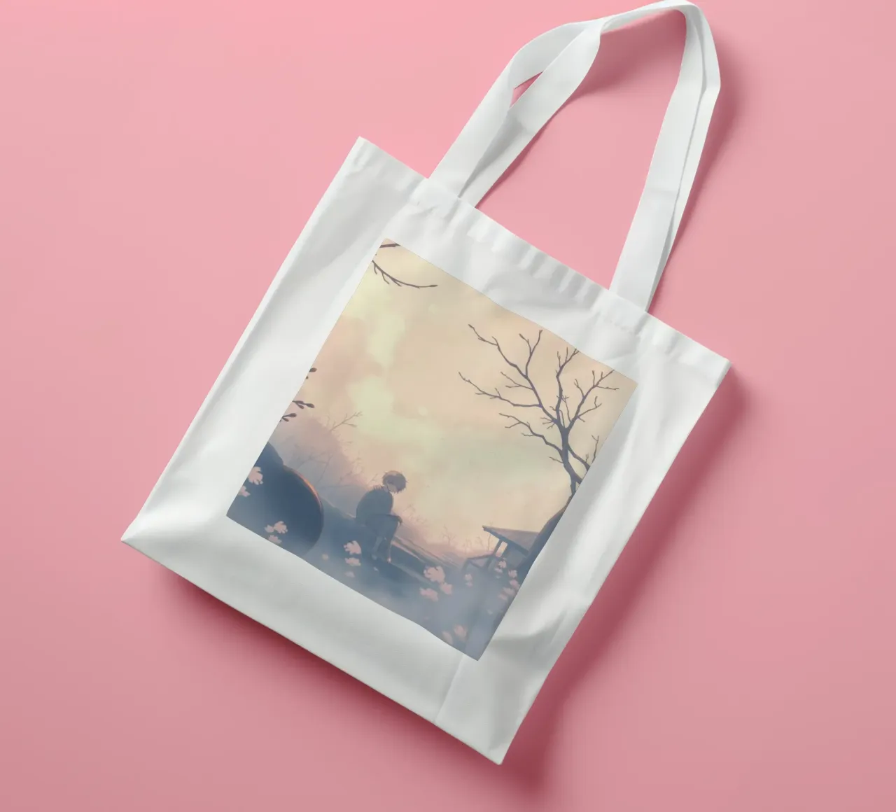 Junge sitzt auf einer Steinstufe, umgeben von Kirschblüten Jutebeutel von DesignDoodle
