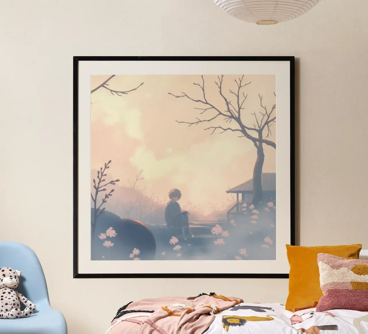 Garçon assis sur une marche en pierre entouré de cerisiers en fleurs poster de DesignDoodle