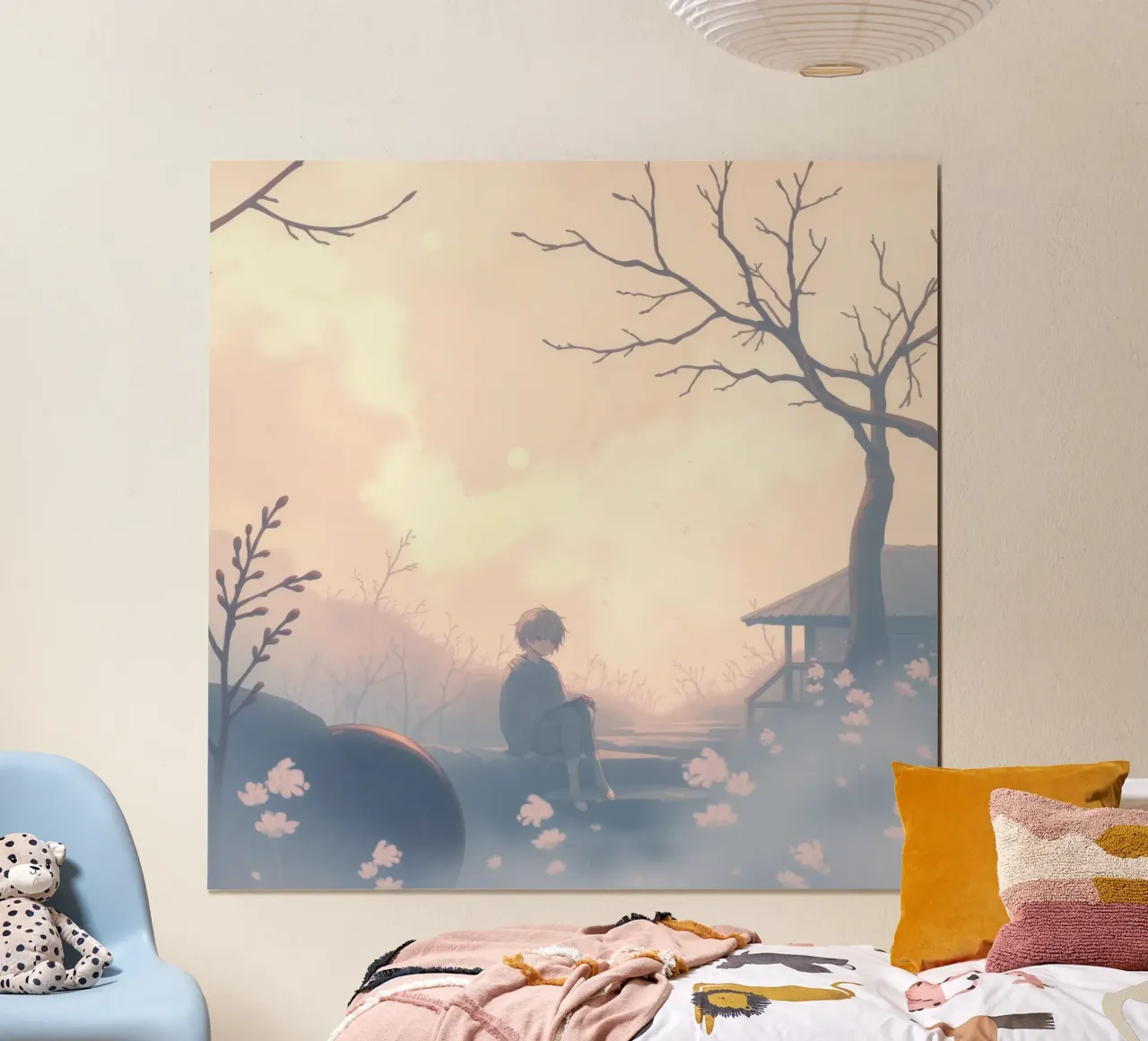 Garçon assis sur une marche en pierre entouré de cerisiers en fleurs poster de DesignDoodle