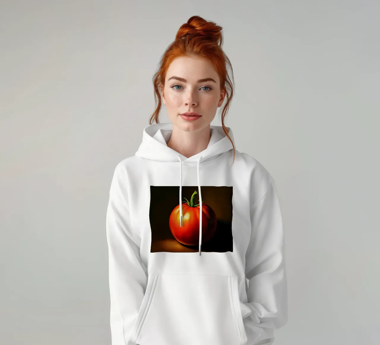 pomodoro rosso appoggiato su una superficie scura con illuminazione soffusa felpa con cappuccio da DesignDoodle