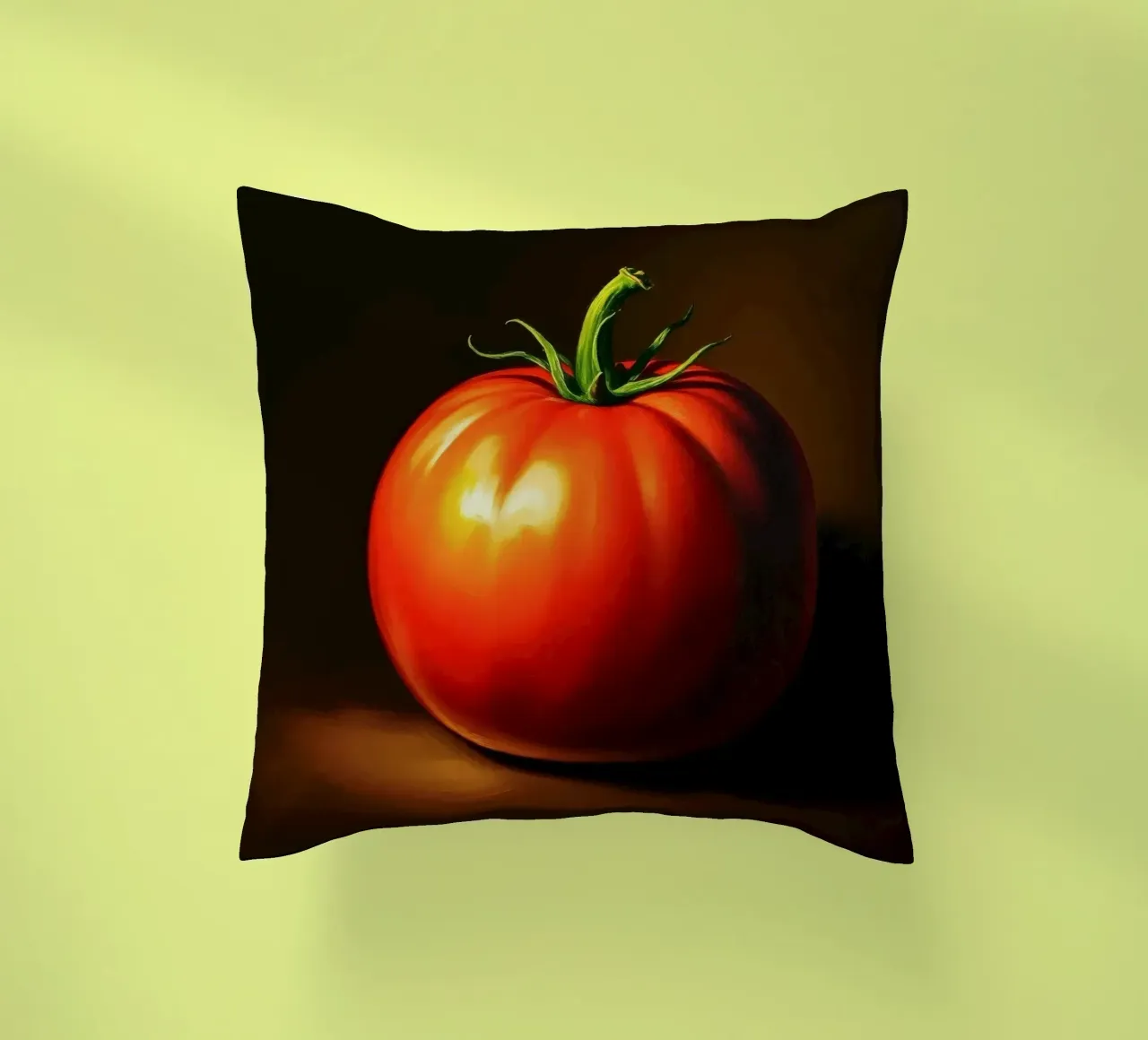 red tomato resting on a dark surface with soft lighting decorative cushion by DesignDoodle