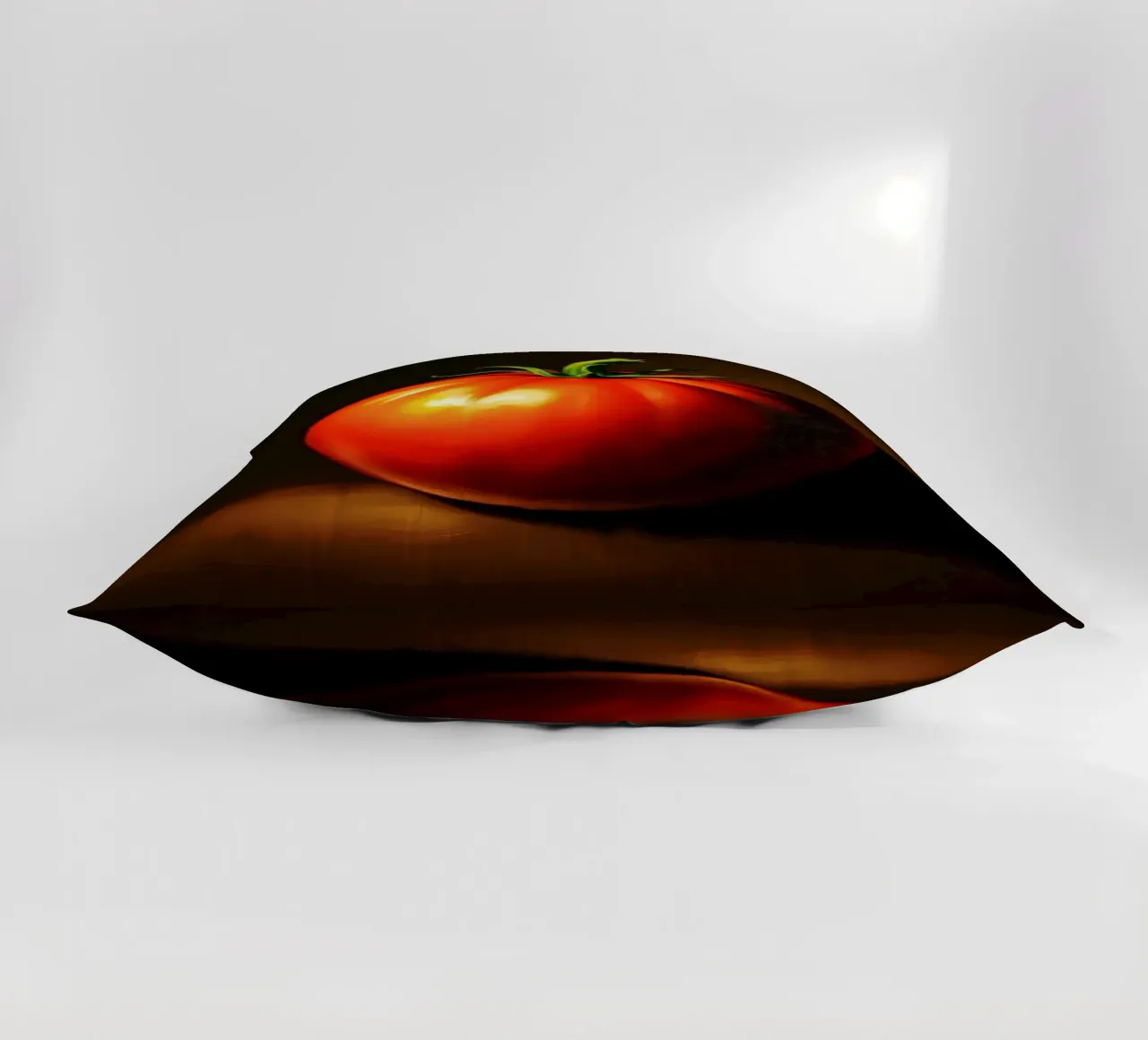 red tomato resting on a dark surface with soft lighting decorative cushion by DesignDoodle