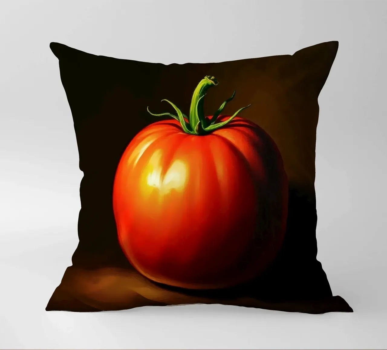 red tomato resting on a dark surface with soft lighting decorative cushion by DesignDoodle