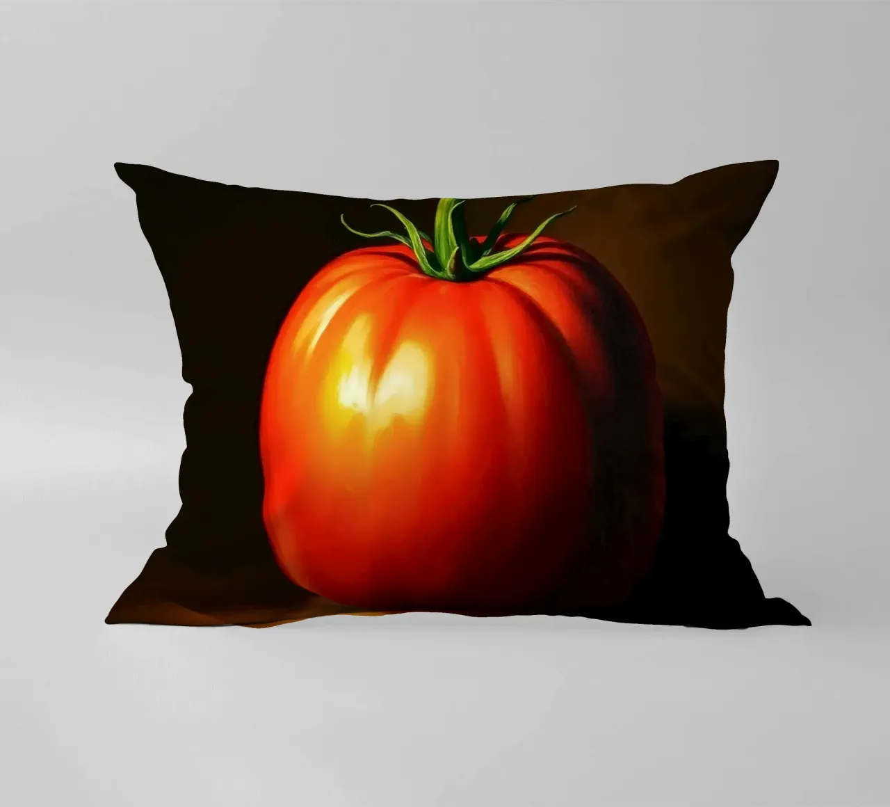 red tomato resting on a dark surface with soft lighting decorative cushion by DesignDoodle