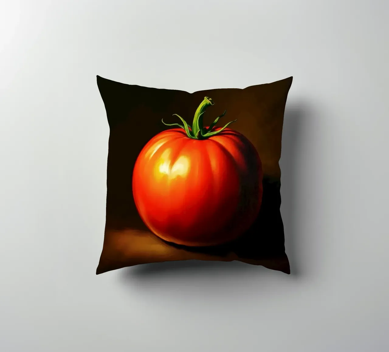 red tomato resting on a dark surface with soft lighting decorative cushion by DesignDoodle
