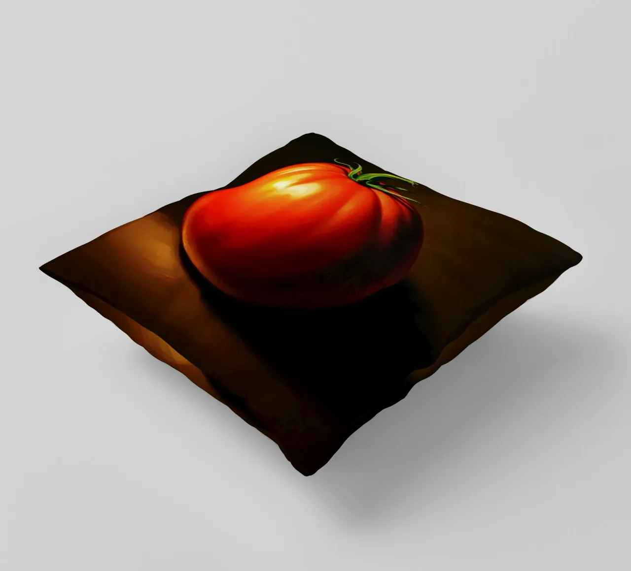 red tomato resting on a dark surface with soft lighting decorative cushion by DesignDoodle