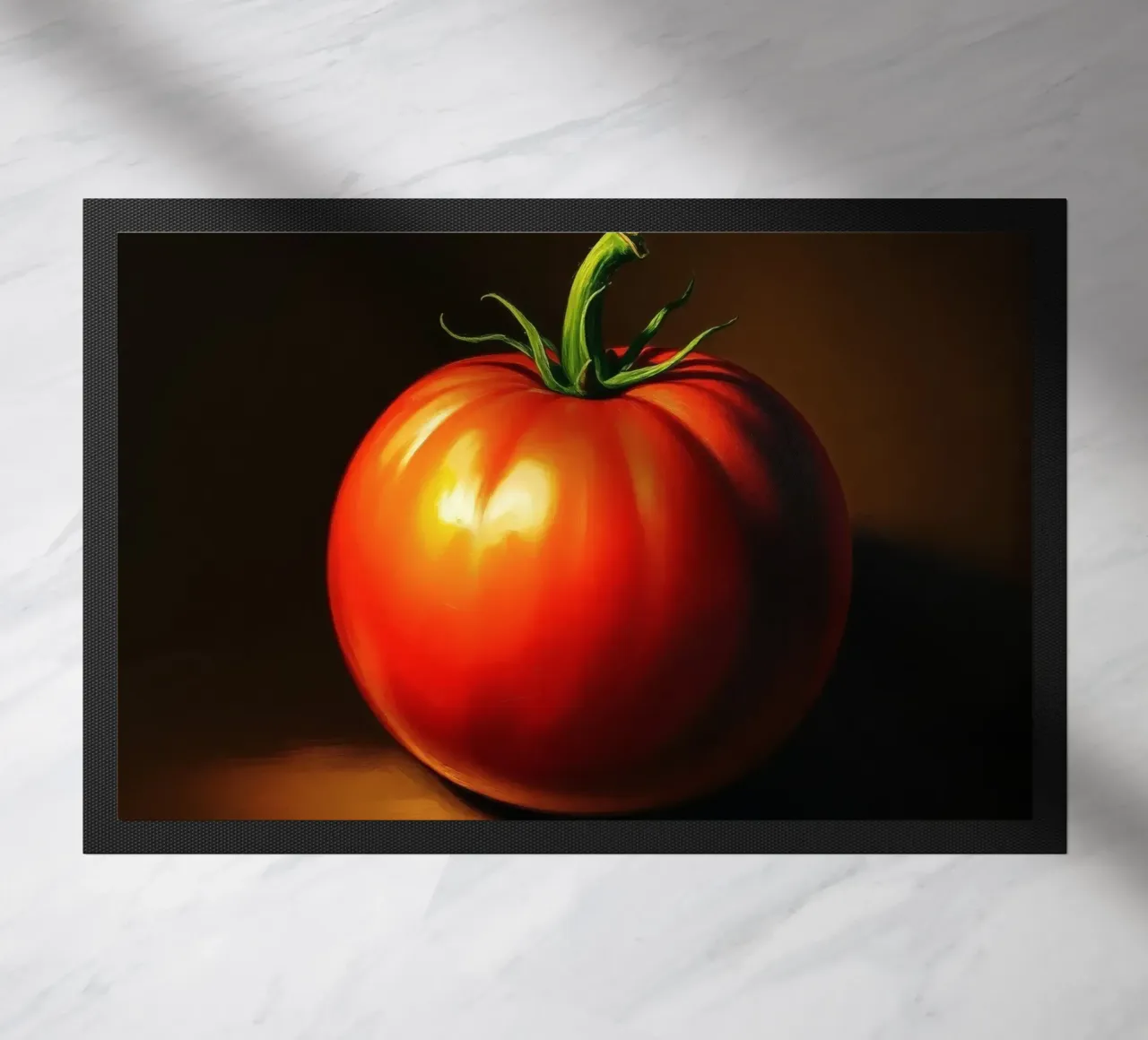 red tomato resting on a dark surface with soft lighting doormat by DesignDoodle