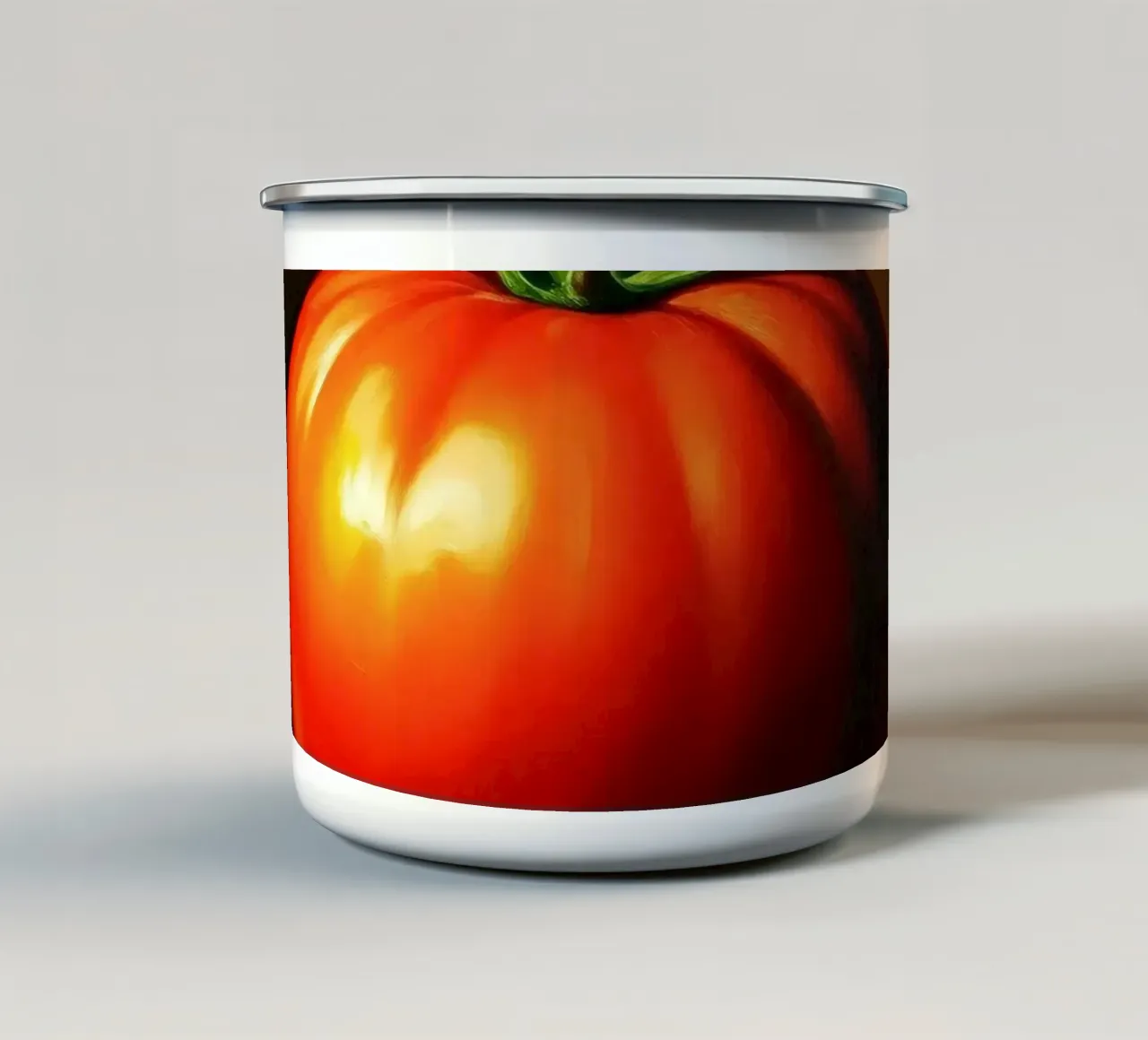 red tomato resting on a dark surface with soft lighting enamel mug by DesignDoodle