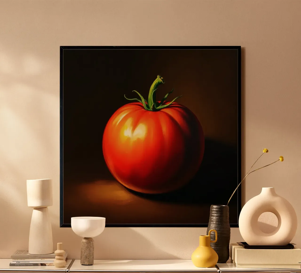 red tomato resting on a dark surface with soft lighting hahnemühle by DesignDoodle