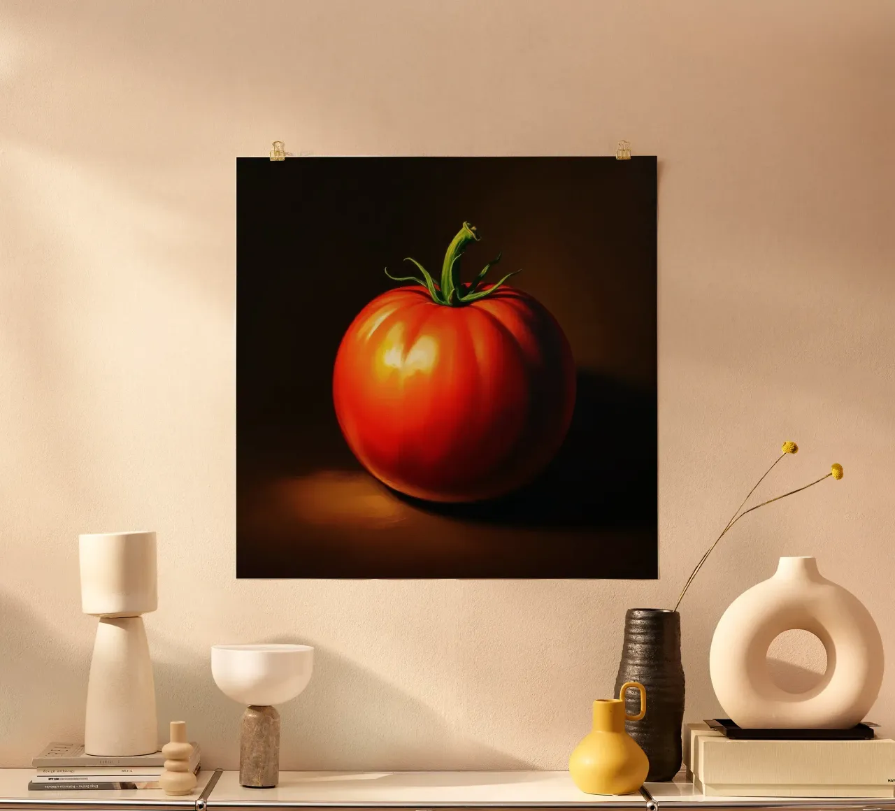 red tomato resting on a dark surface with soft lighting hahnemühle by DesignDoodle