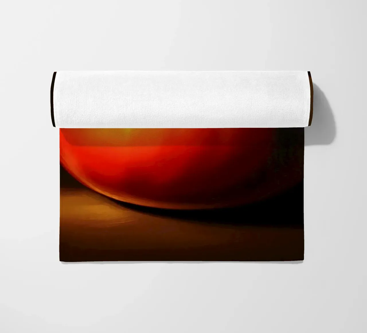 red tomato resting on a dark surface with soft lighting beach towel by DesignDoodle