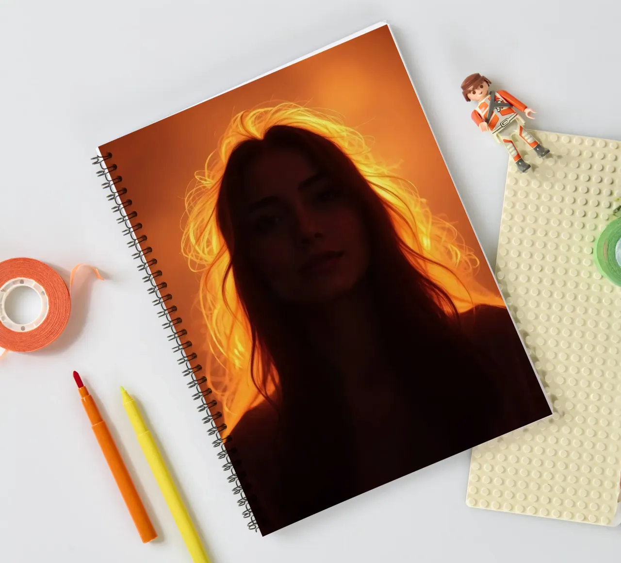 silhouette of a woman illuminated by a warm glow spiral notebook by DesignDoodle