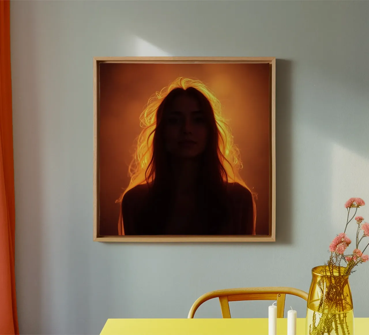 silhouette of a woman illuminated by a warm glow canvas by DesignDoodle