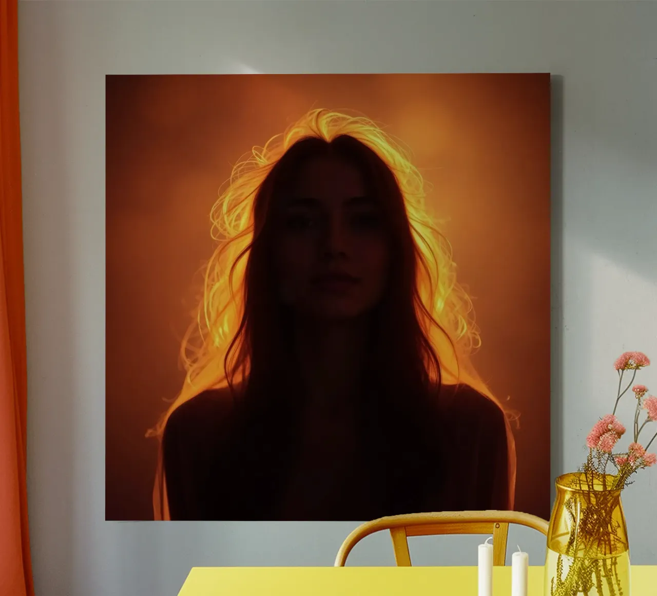 silhouette of a woman illuminated by a warm glow canvas by DesignDoodle