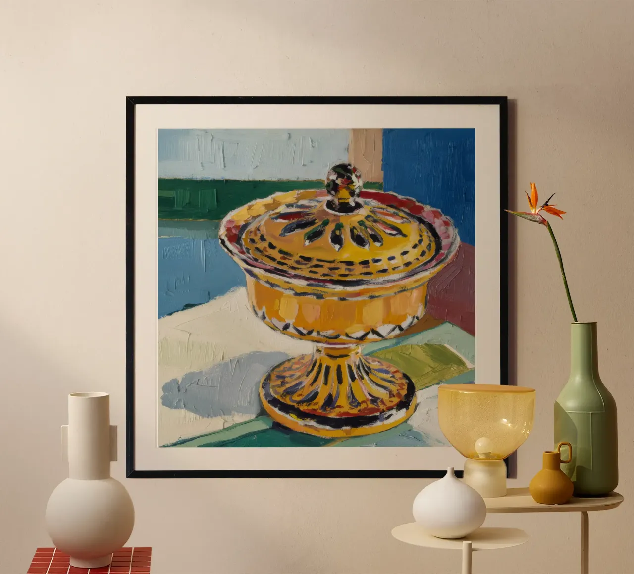 Barattolo di caramelle d'oro poster con telaio in legno da Mystic Grain
