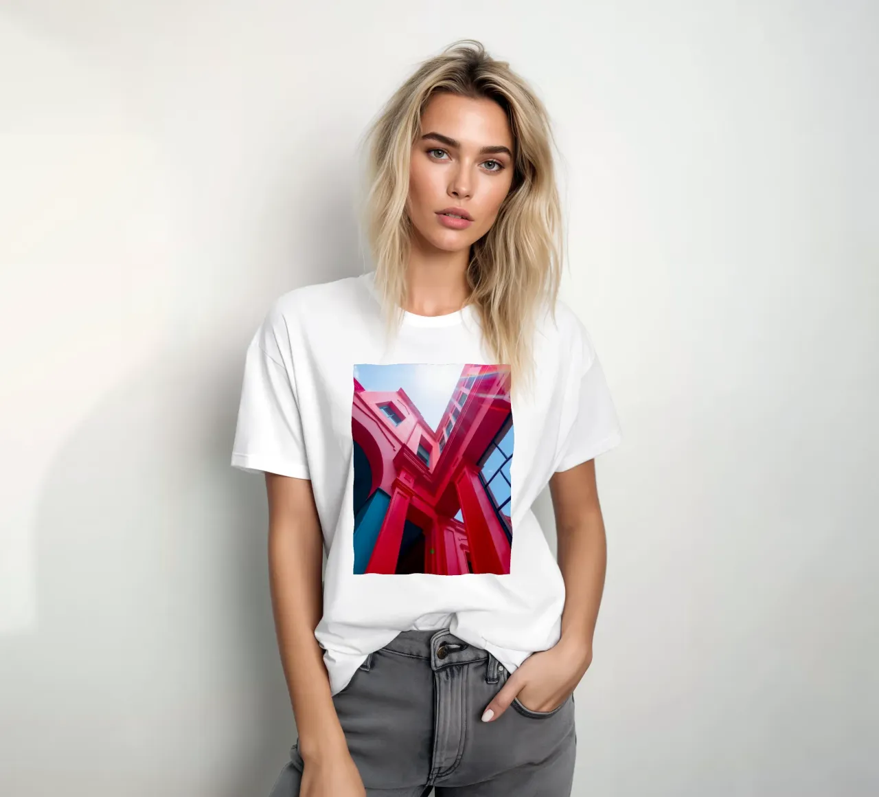 architectural detail of a red building under a clear sky t-shirt by DesignDoodle