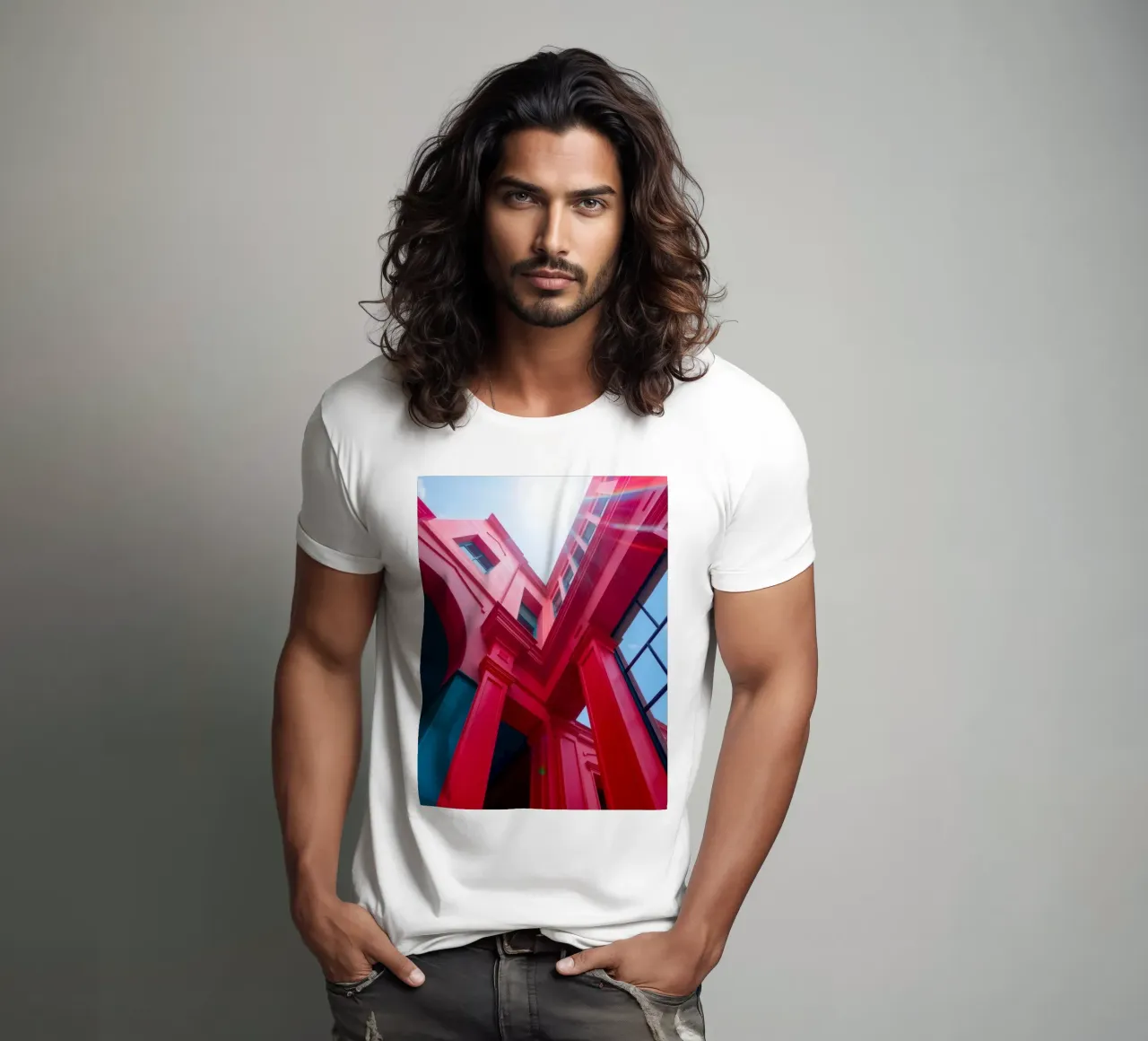 architectural detail of a red building under a clear sky t-shirt by DesignDoodle
