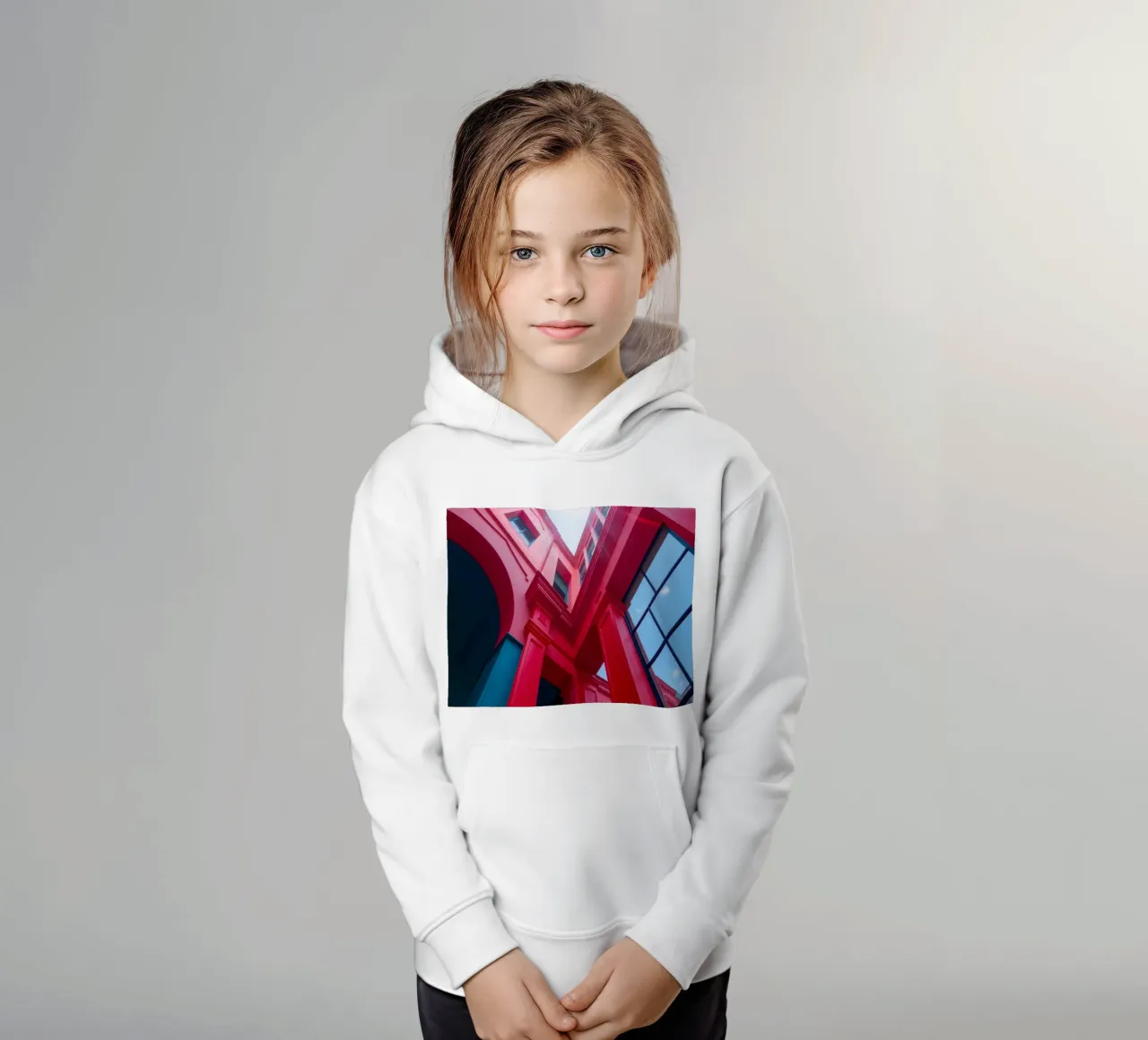 architectural detail of a red building under a clear sky kids hoodie by DesignDoodle