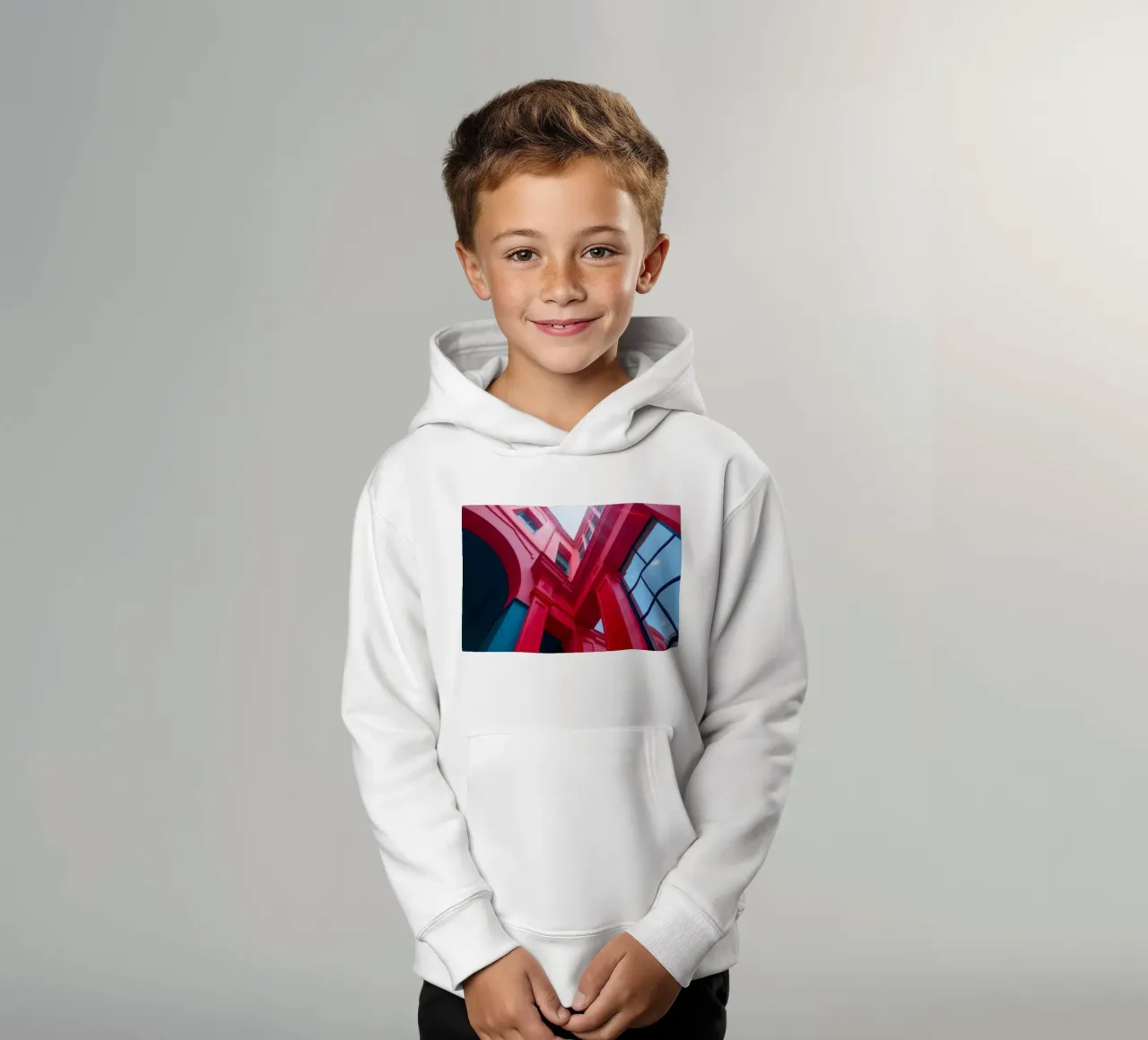 architectural detail of a red building under a clear sky kids hoodie by DesignDoodle