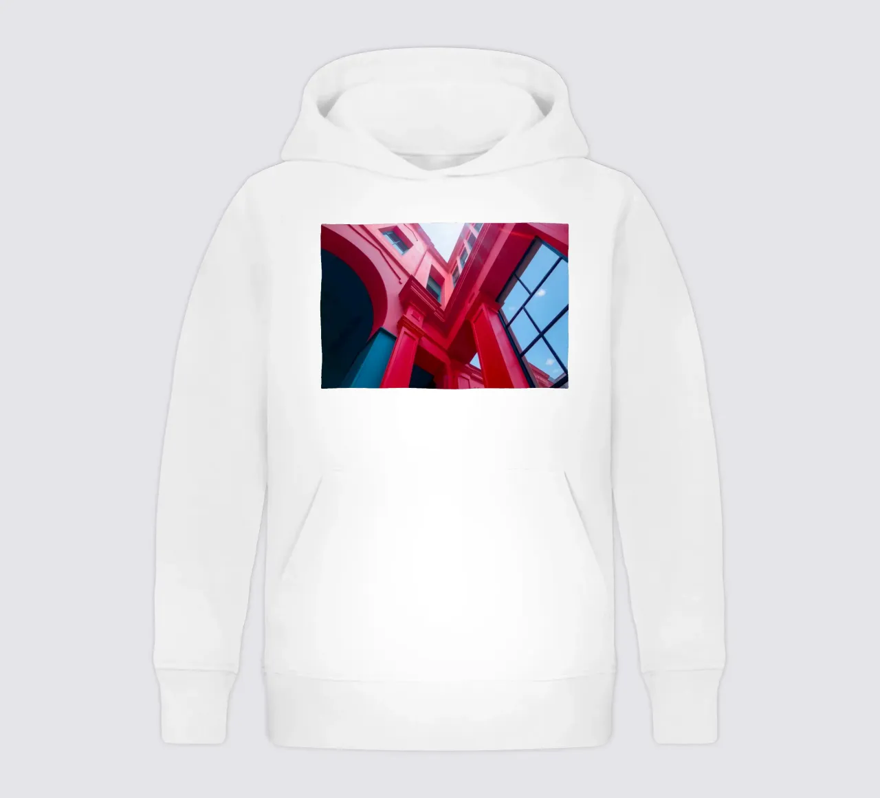 architectural detail of a red building under a clear sky kids hoodie by DesignDoodle