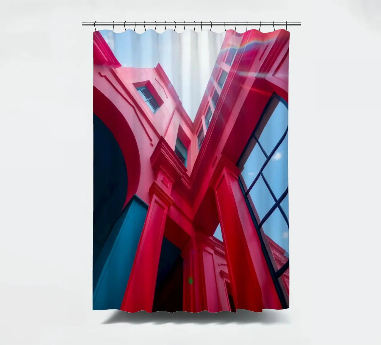 architectural detail of a red building under a clear sky shower curtain by DesignDoodle