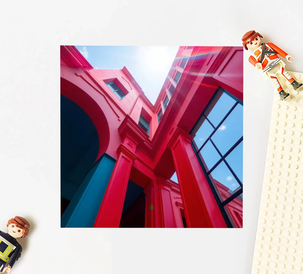 dettaglio architettonico di un edificio rosso sotto un cielo sereno adesivo da DesignDoodle