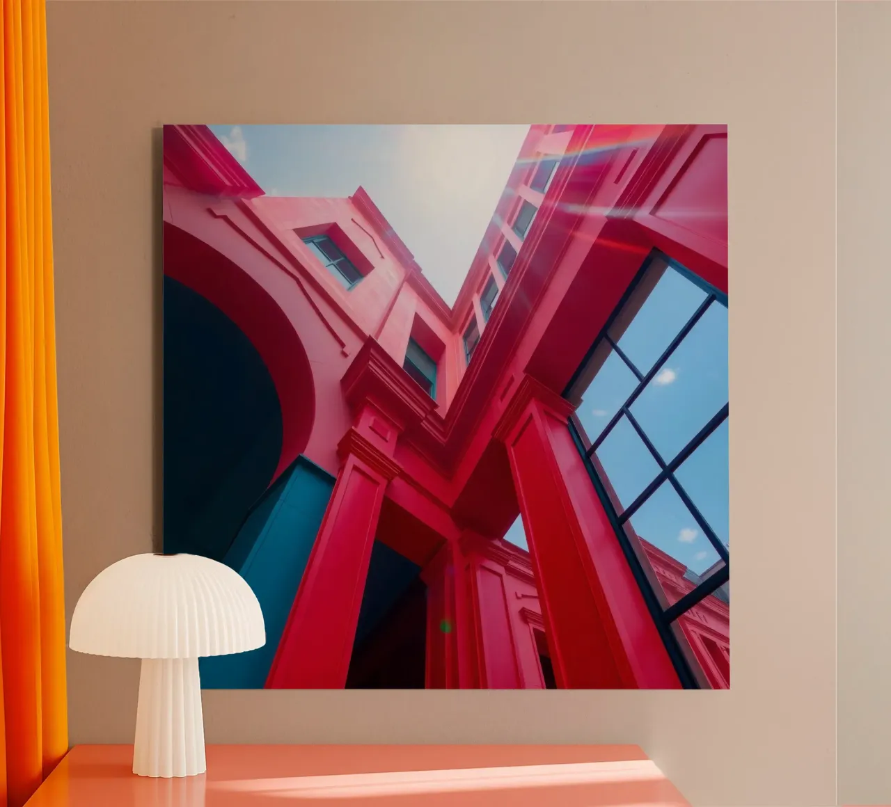 dettaglio architettonico di un edificio rosso sotto un cielo sereno alluminio dibond da DesignDoodle