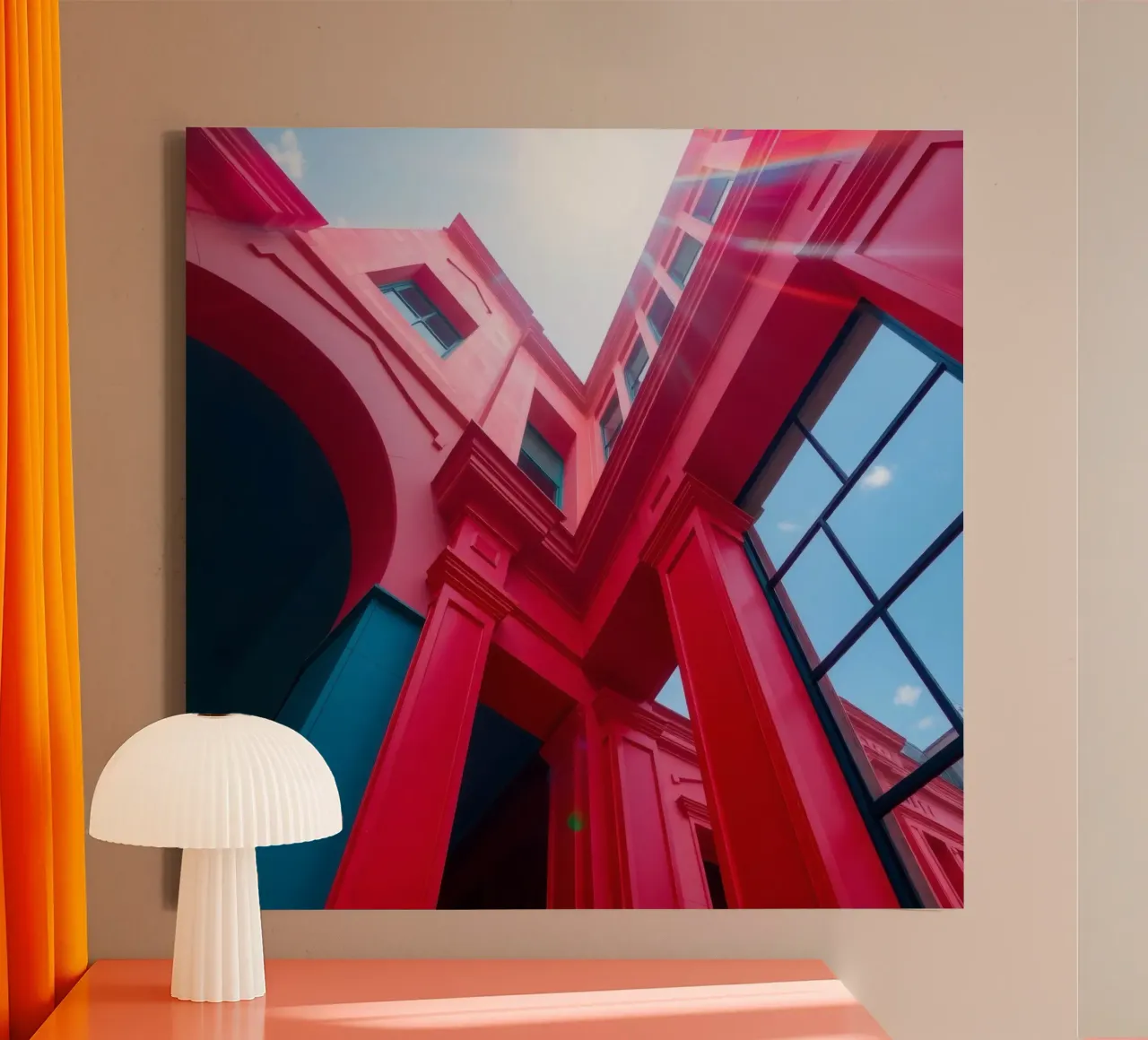 architectural detail of a red building under a clear sky canvas by DesignDoodle