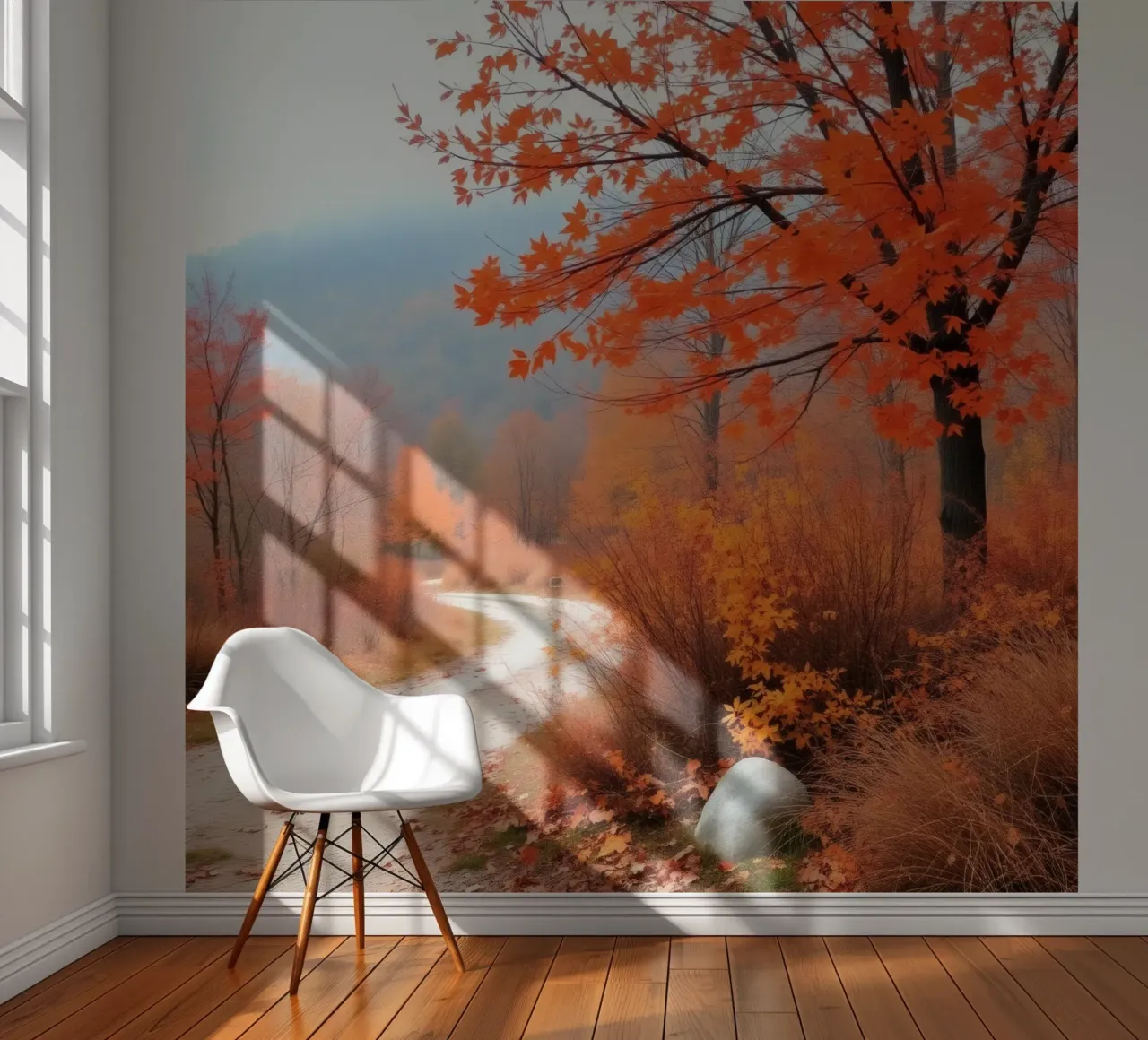 paysage d'automne avec des feuilles orangées papier peint photo de DesignDoodle