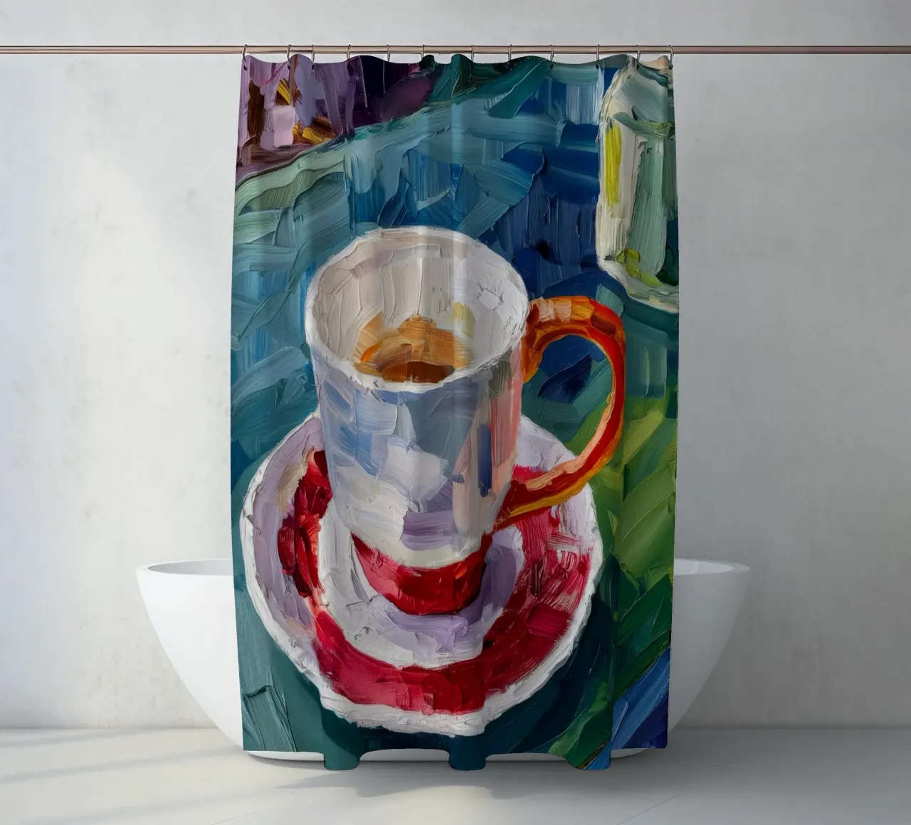 Cup of Reverie shower curtain by Mystic Grain