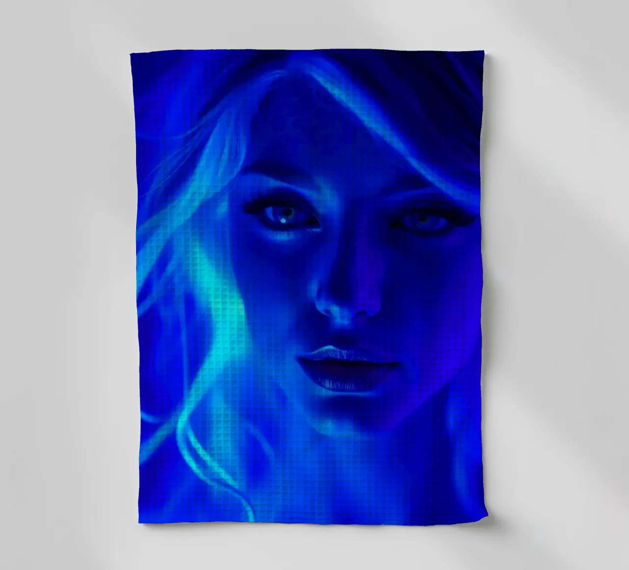 donna con illuminazione luminosa blu che mette in risalto la bellezza del viso canovaccio da cucina da DesignDoodle