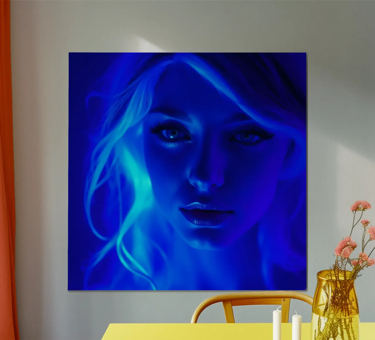femme avec un éclairage bleu lumineux mettant en valeur la beauté du visage poster avec cadre en aluminium de DesignDoodle