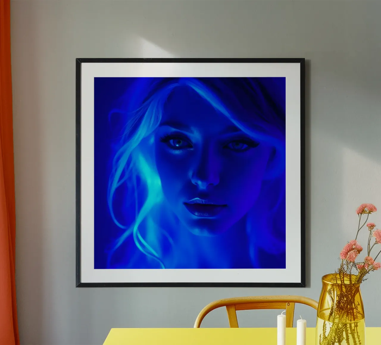 femme avec un éclairage bleu lumineux mettant en valeur la beauté du visage poster avec cadre en aluminium de DesignDoodle