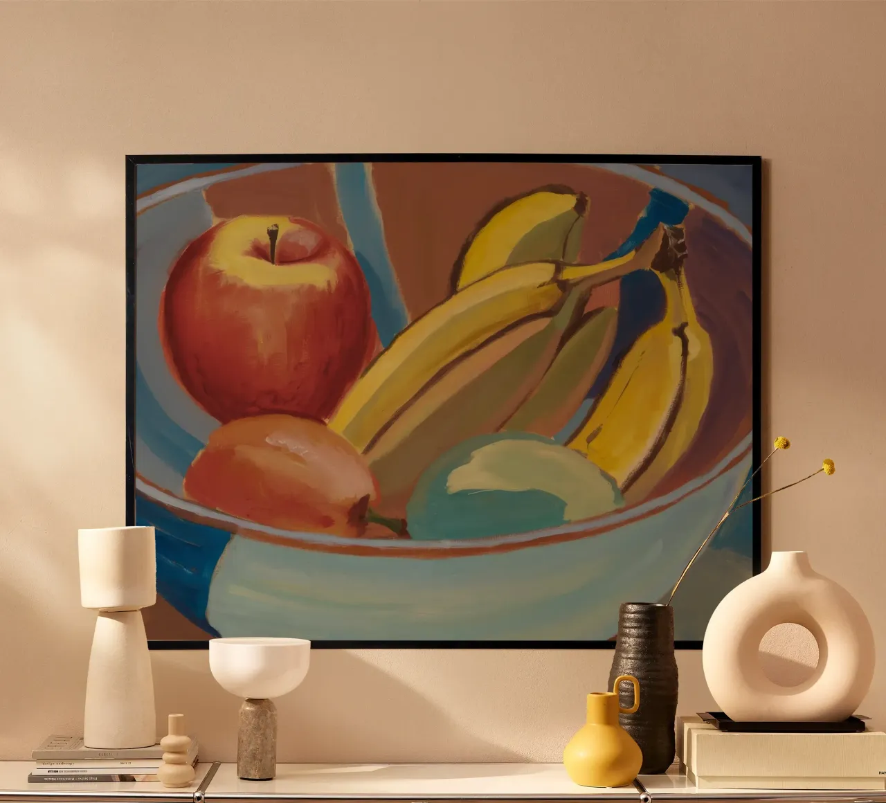 Sussurri della ciotola di frutta poster con telaio in legno da Mystic Grain
